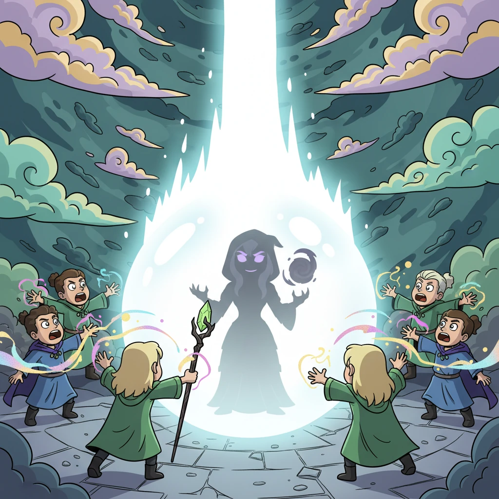 Chanting ancient words, the mages channeled their collective energy into creating a magnificent, pure white sphere. With a final burst of light, Malignia was completely sealed inside, her dark form now just a faint shadow within the gleaming orb. The sphere pulsed with powerful, protective magic.