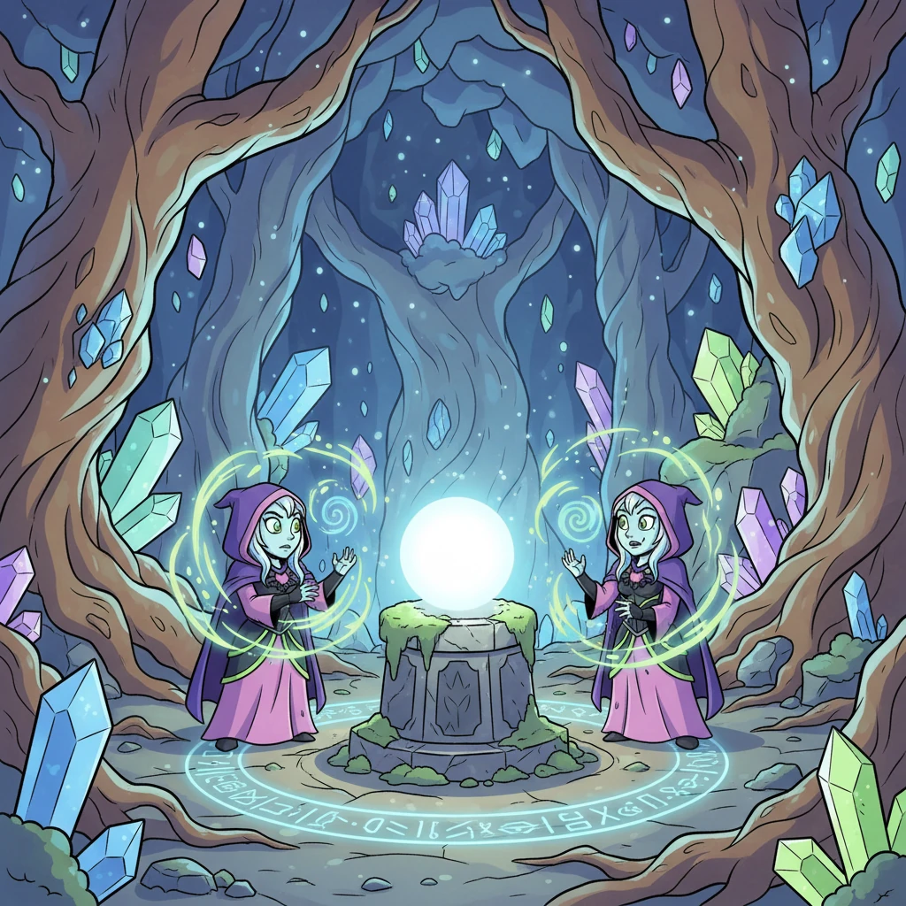 Deep within a forgotten chamber, beneath ancient roots and sparkling crystals, the mages carefully placed the pure white sphere upon a pedestal. With a final, powerful spell, they sealed the chamber, ensuring Malignia would remain captive forever. Peace finally returned to the holy realm of Eternia, protected by the mages' enduring light.
