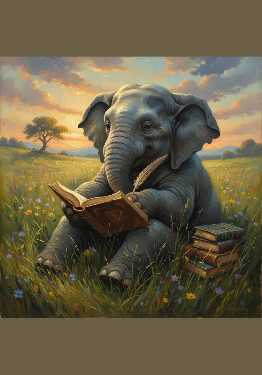 Barnaby the elephant sat in the tall grass, watching a colorful butterfly dance in the breeze. He decided right then and there that he didn't want to be a heavy elephant anymore; he wanted to be light and fluttery.