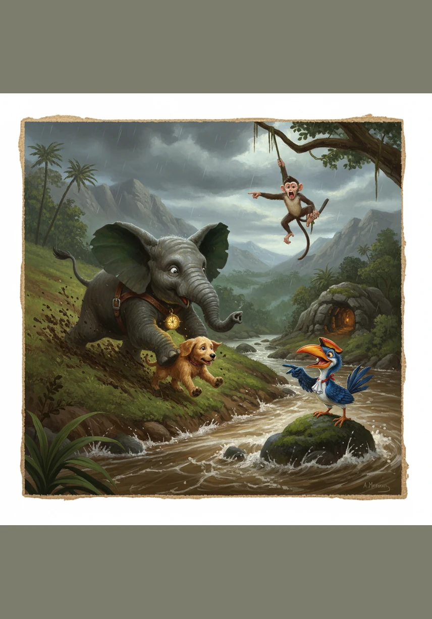 To practice flying, Barnaby flapped his leaf-wings as hard as he could while running down a hill. Instead of taking off, his trunk blew a giant gust of wind that sent a family of squirrels tumbling into a pile of soft moss.