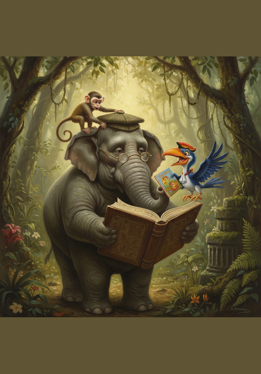 It was time for a butterfly snack, so Barnaby tried to sip nectar from a tiny flower using a very small straw. His loud slurping sound echoed through the entire jungle, making the grumpy old owls wake up from their naps.