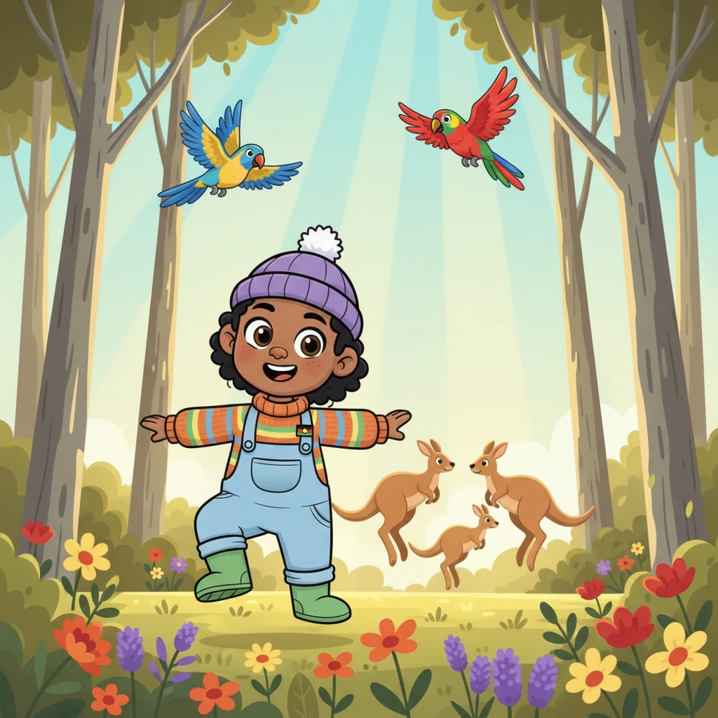 Koa, a curious child with a big smile, skipped through a sun-dappled bushland, surrounded by tall gum trees and colorful wildflowers. Playful kangaroos bounced in the distance, and bright parrots soared overhead, making the air feel alive with joy. Koa loved exploring every secret nook and cranny of this beautiful place.