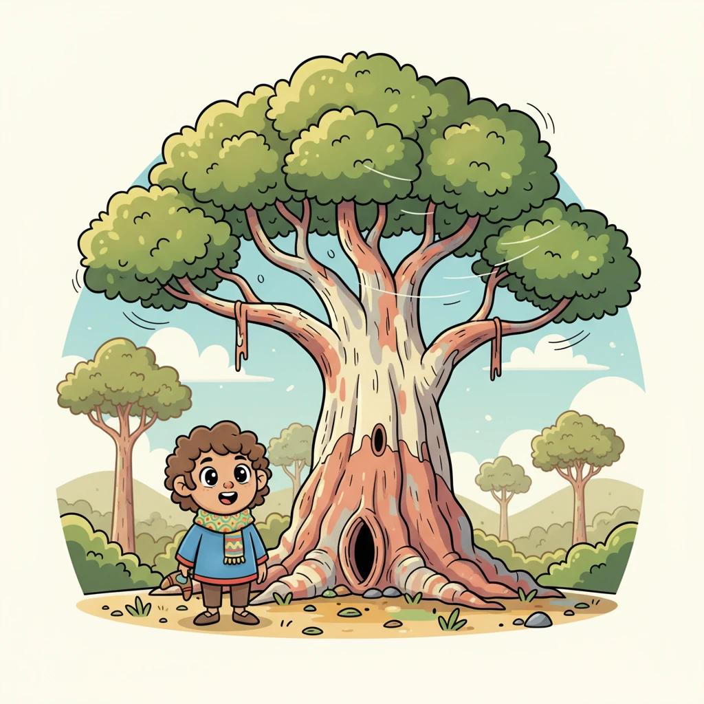 Suddenly, Koa paused by a magnificent ancient gum tree, its trunk wide and textured, its branches reaching up like welcoming arms. A gentle breeze rustled its leaves, creating a soft, whispering sound that seemed to tell a story. Koa felt a special, quiet energy emanating from the old tree.