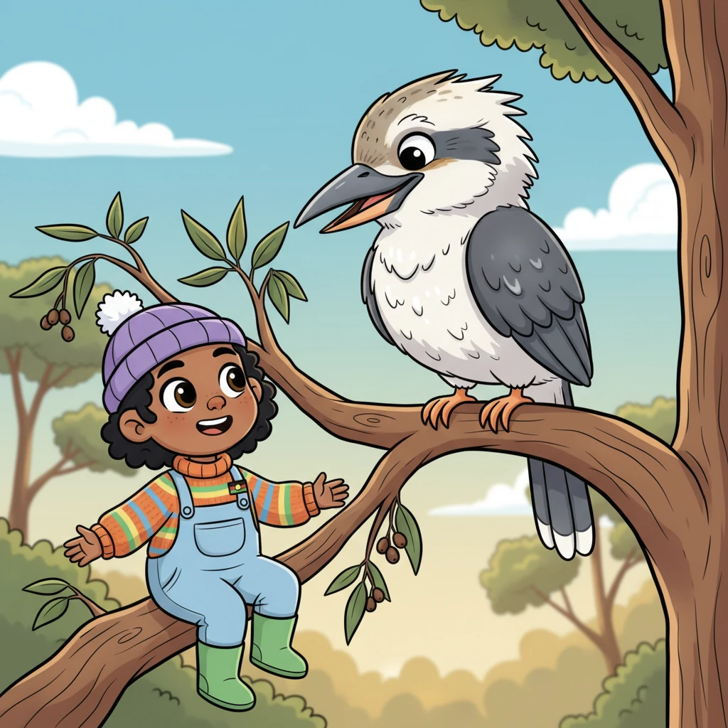 Perched on a low branch of the ancient gum tree, a wise old kookaburra with sparkling, knowing eyes watched Koa. It tilted its head, its gaze kind and full of ancient secrets. The kookaburra let out a soft, melodious chuckle, as if it understood Koa's wonder.
