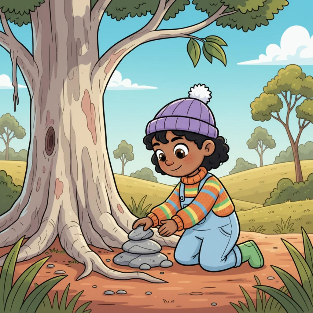 To show respect, Koa carefully picked up a smooth, river-worn stone and gently placed it at the base of the ancient gum tree. It was a small, quiet thank you to the Traditional Custodians for caring for this wonderful land. Koa felt a deep sense of gratitude.