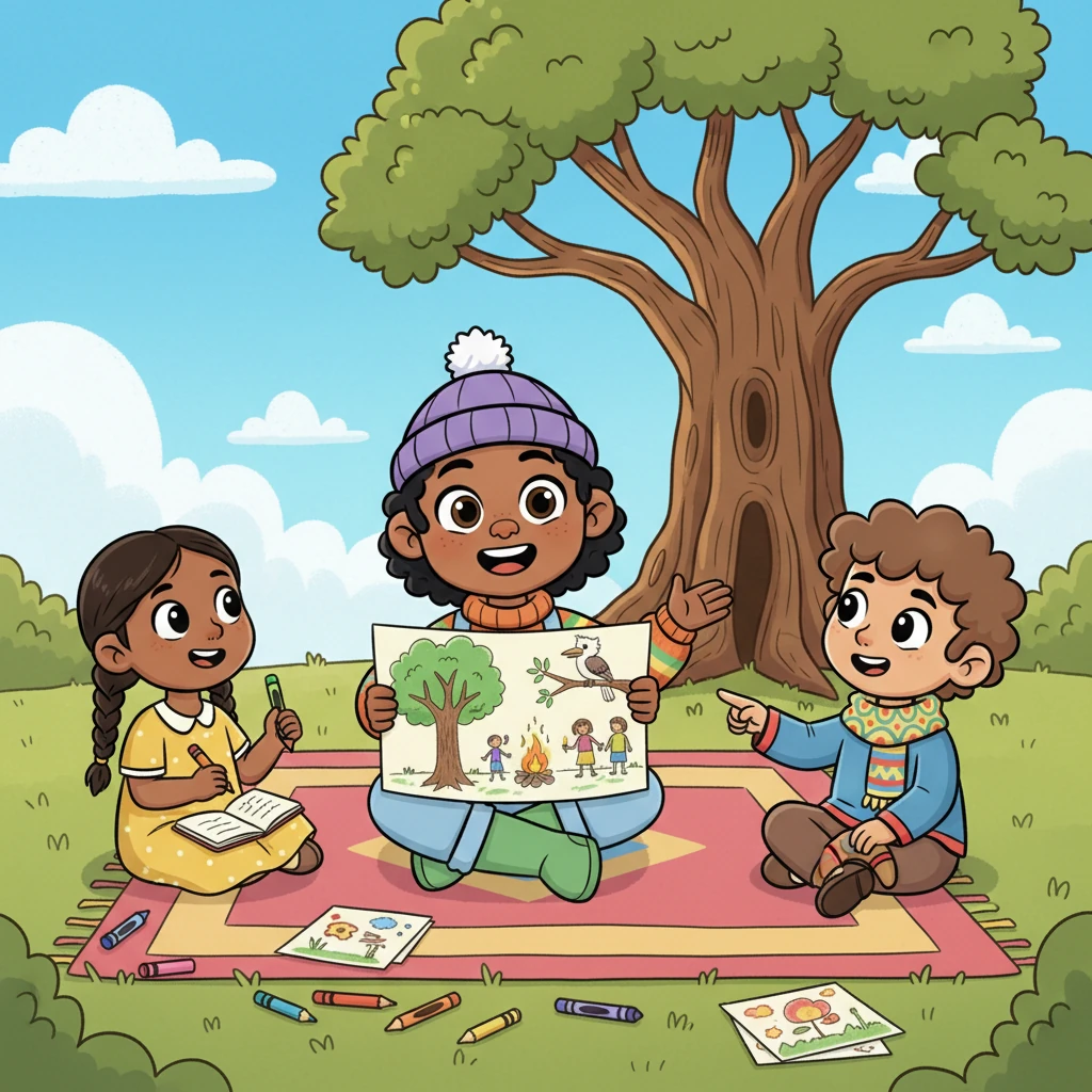 Later, Koa eagerly shared this newfound understanding with friends, drawing colorful pictures of the ancient gum tree, the wise kookaburra, and the Wurundjeri People. Koa explained why it's so important to respect the land and its first peoples, spreading the message of connection.