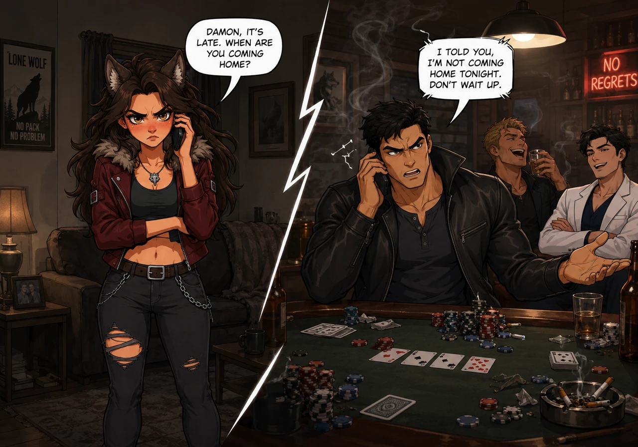 Sloane stands alone in her dim living room, phone pressed to her ear while the distant sound of her mate's harsh voice echoes through the line. On the