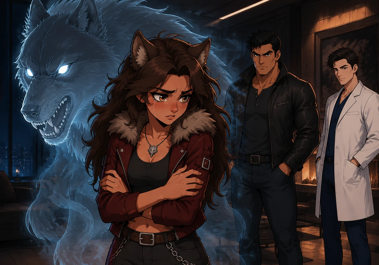 A translucent, powerful wolf with glowing eyes looms behind Sloane, its muzzle curled in a bitter snarl that only she can hear. The wolf’s presence is
