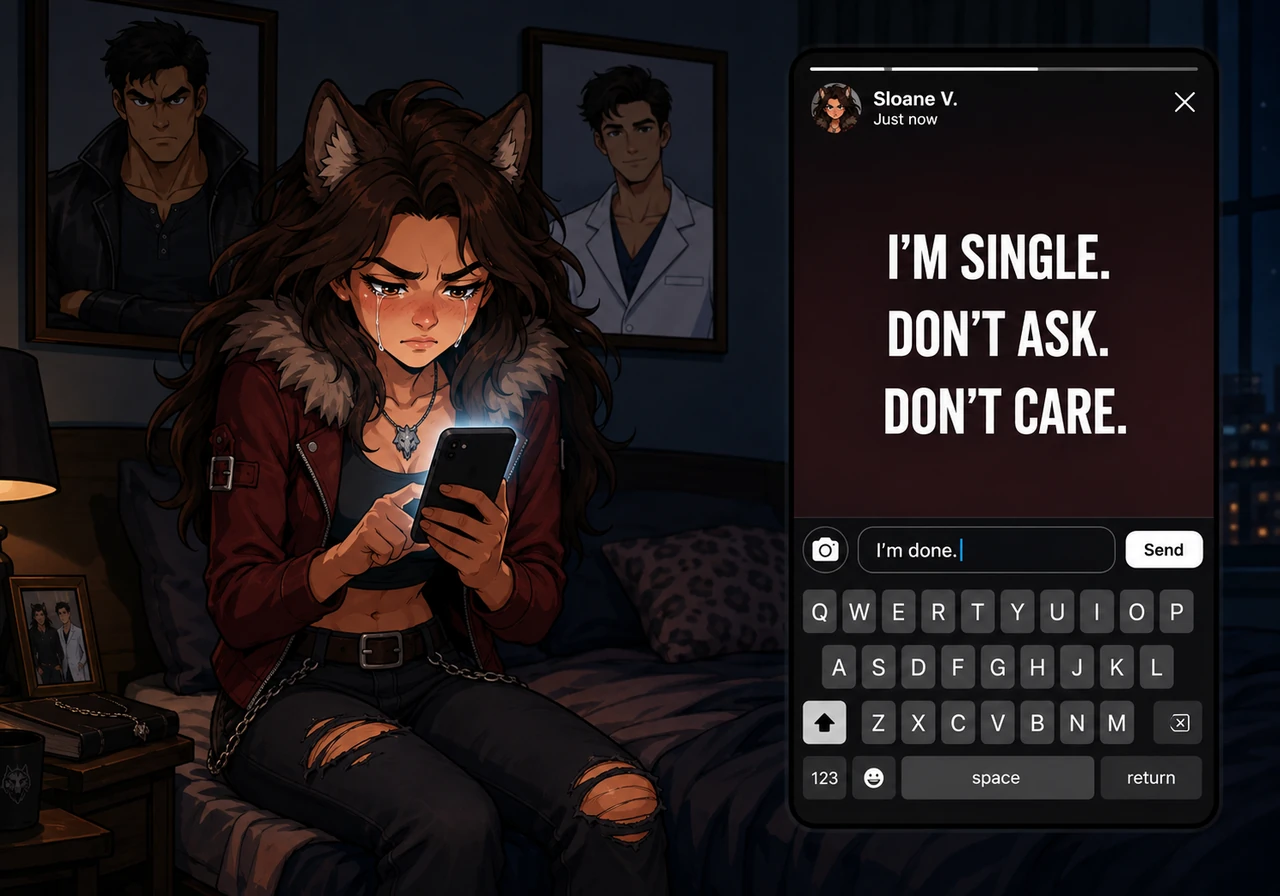 Sloane sits on the edge of her bed, the glow of her smartphone illuminating her tear-streaked face in the dark room. With a trembling thumb, she types