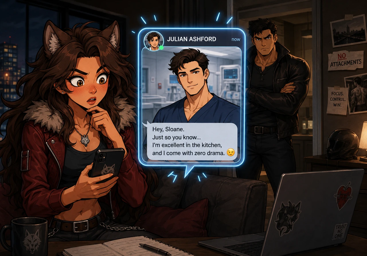 A notification from Julian Ashford flashes on Sloane's screen, displaying a confident profile of a handsome man in medical scrubs. The message is unex