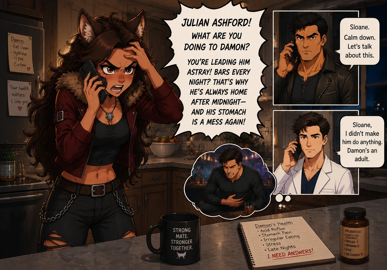 Frustrated and pacing her kitchen, Sloane dials Julian’s number, her face flushed with anger as she accuses him of leading Damon astray to bars every