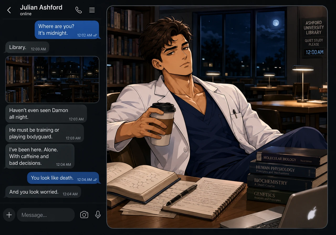 Julian appears in a photo sent from a sterile, quiet university library, looking exhausted but strikingly handsome in a white lab coat at midnight. He