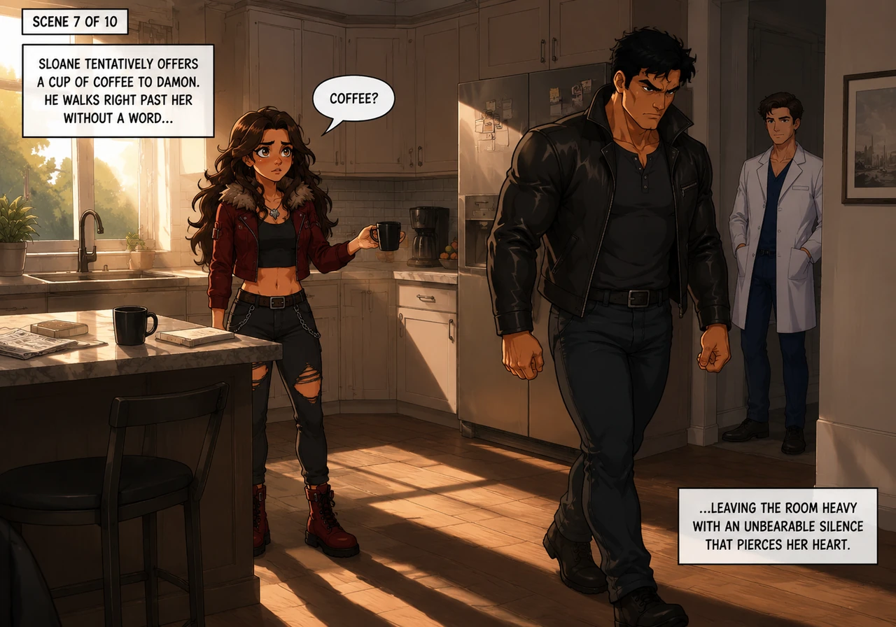 The morning sun streams into the kitchen where Sloane tentatively offers a cup of coffee to a disheveled, stony-faced Damon. He walks right past her w