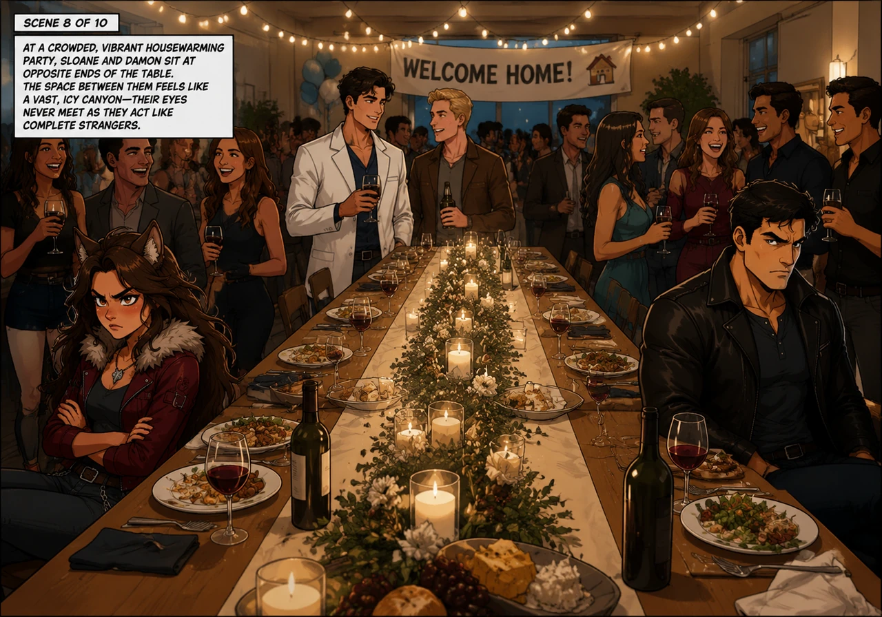 At a crowded, vibrant housewarming party, Sloane and Damon sit at opposite ends of a long dinner table, surrounded by laughing guests. Despite the fes
