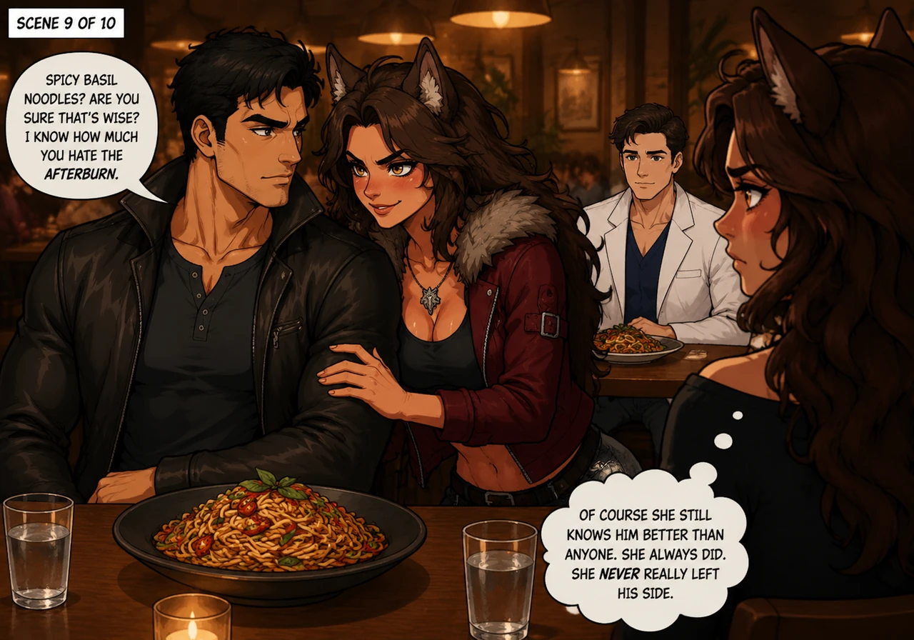 Bianca Sterling leans toward Damon with a predatory smile, her hand resting provocatively on his arm as she feigns concern over a plate of spicy basil