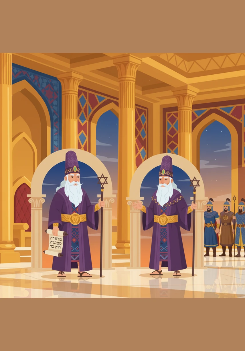In the grand, golden halls of the Persian palace, Nehemiah serves as the trusted cupbearer to King Artaxerxes. He stands with poise and dignity, holding a jeweled chalice while the king looks on with respect and friendship.