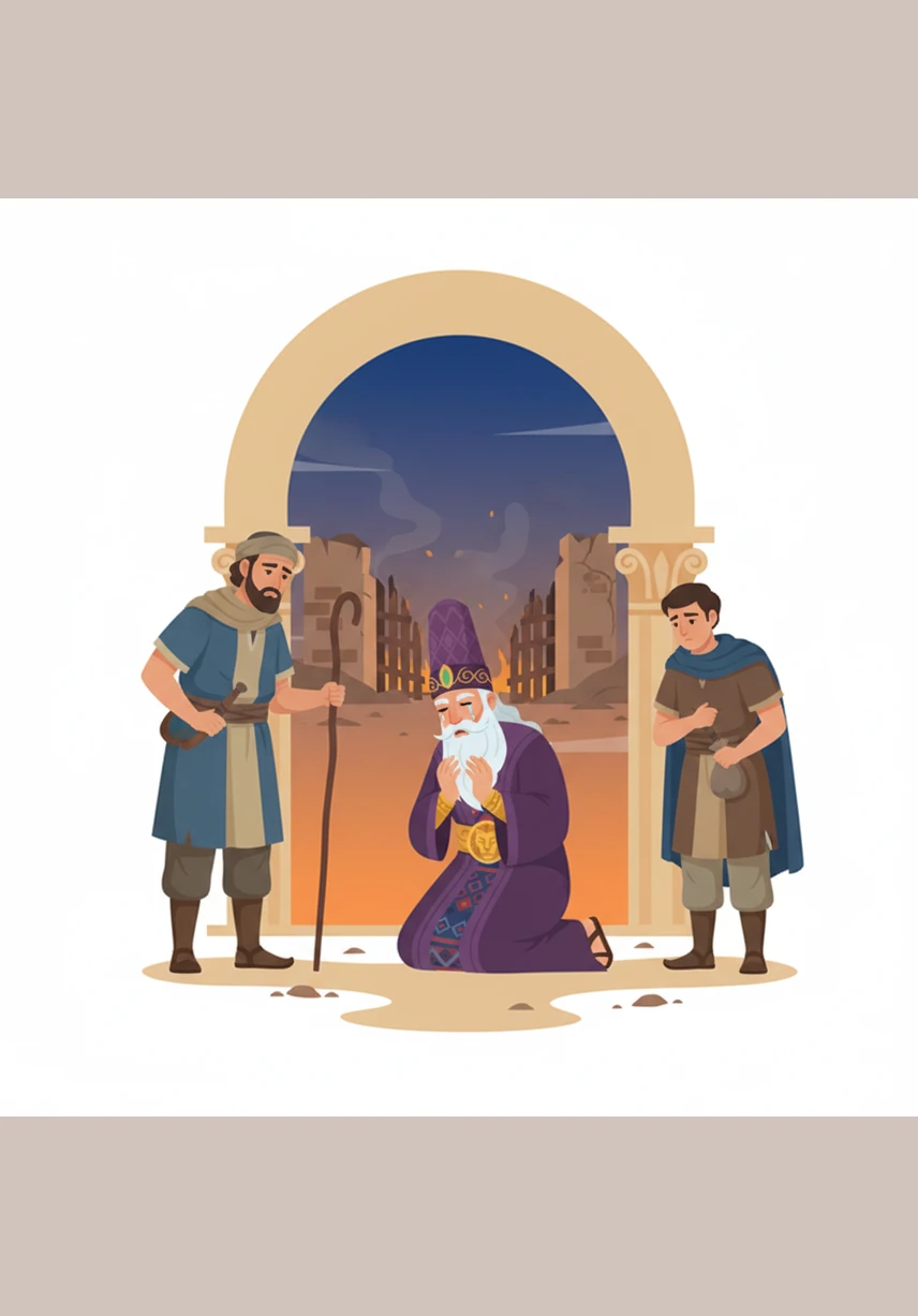 One day, travelers arrive from the distant land of Judah with heavy news that breaks Nehemiah's heart. They tell him that the walls of Jerusalem lie in blackened ruins and its gates have been destroyed by fire, leaving the people vulnerable.