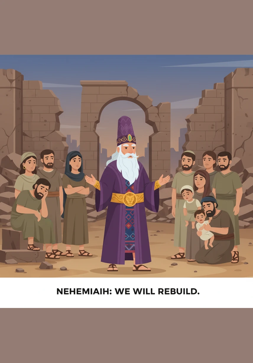 Nehemiah gathers the discouraged people and shares his vision, igniting a spark of hope in their tired eyes. He tells them that with faith and hard work, they can rise up and rebuild their city and their future together.