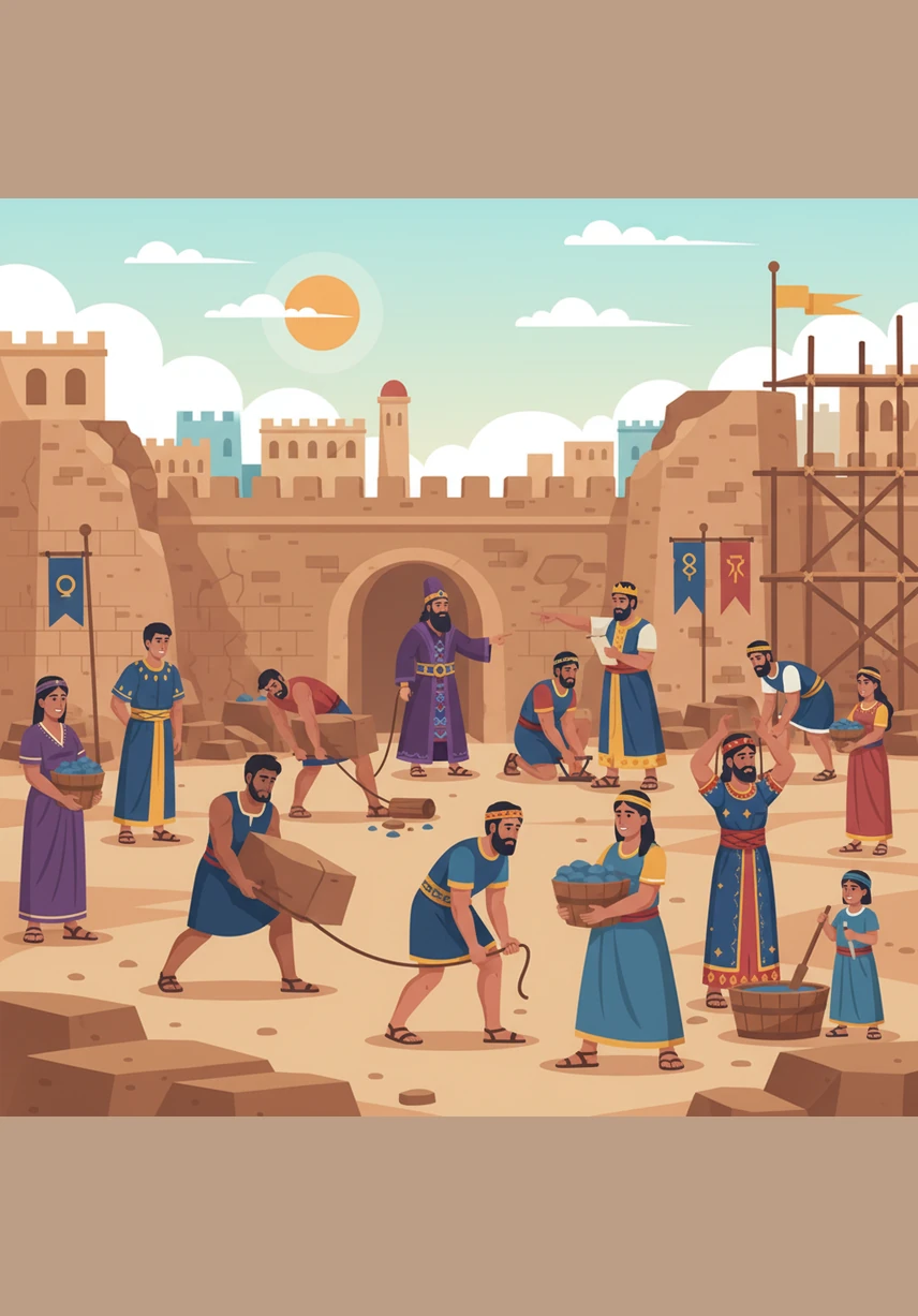 The city becomes a hive of activity as families work side-by-side, each repairing the section of the wall nearest to their own home. Men and women carry heavy stones and mix mortar, their hands moving with newfound purpose and energy.