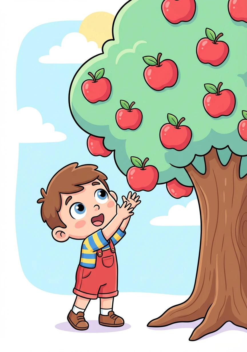 Alex, a curious little boy, stands before a giant apple tree, its branches laden with bright red apples. He reaches up, his eyes wide with wonder.