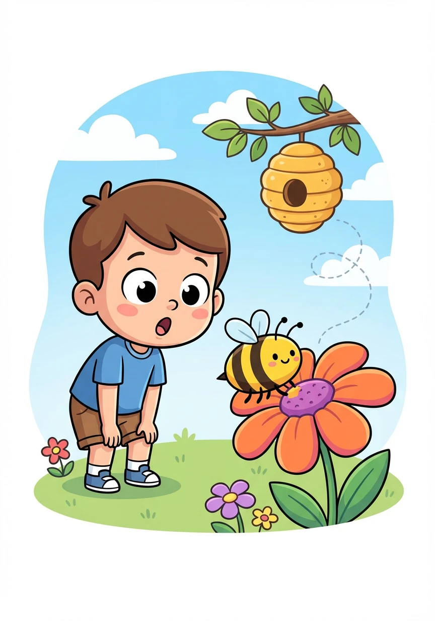 A busy bee buzzes around Alex, collecting nectar from a colorful flower. Alex watches in amazement as the bee flies back to its hive.