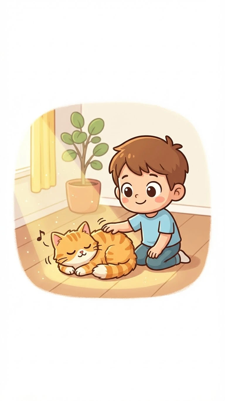 Alex discovers a cuddly cat napping in a sunbeam. He gently strokes its soft fur, and the cat purrs contentedly.