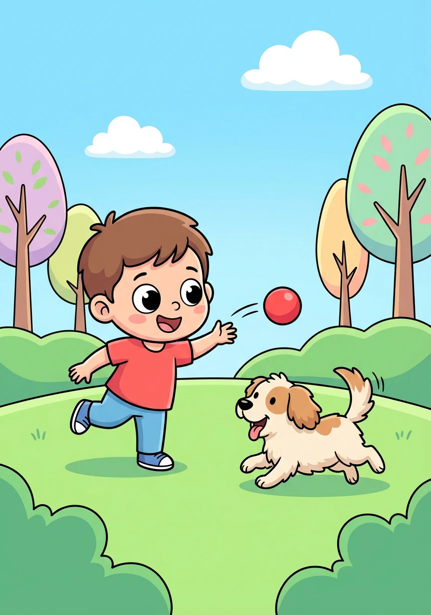 Alex sees a playful dog chasing a bright red ball in the park. The dog wags its tail excitedly as Alex throws the ball again.