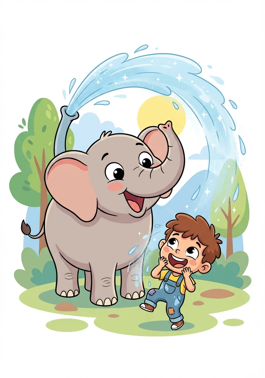 An enormous elephant trumpets loudly, spraying water from its trunk. Alex giggles at the elephant's playful antics.