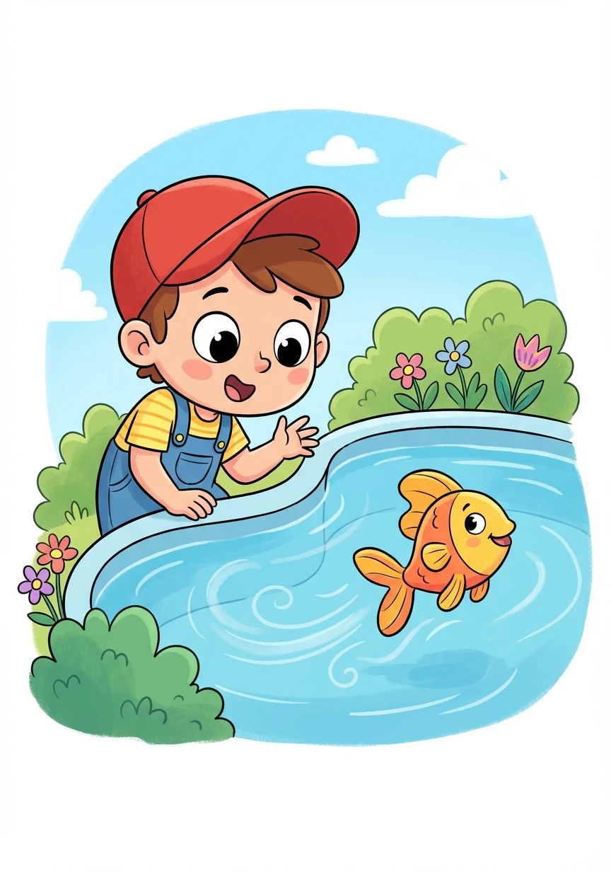 Alex finds a friendly fish swimming in a clear blue pond. The fish wiggles its fins as it darts through the water.