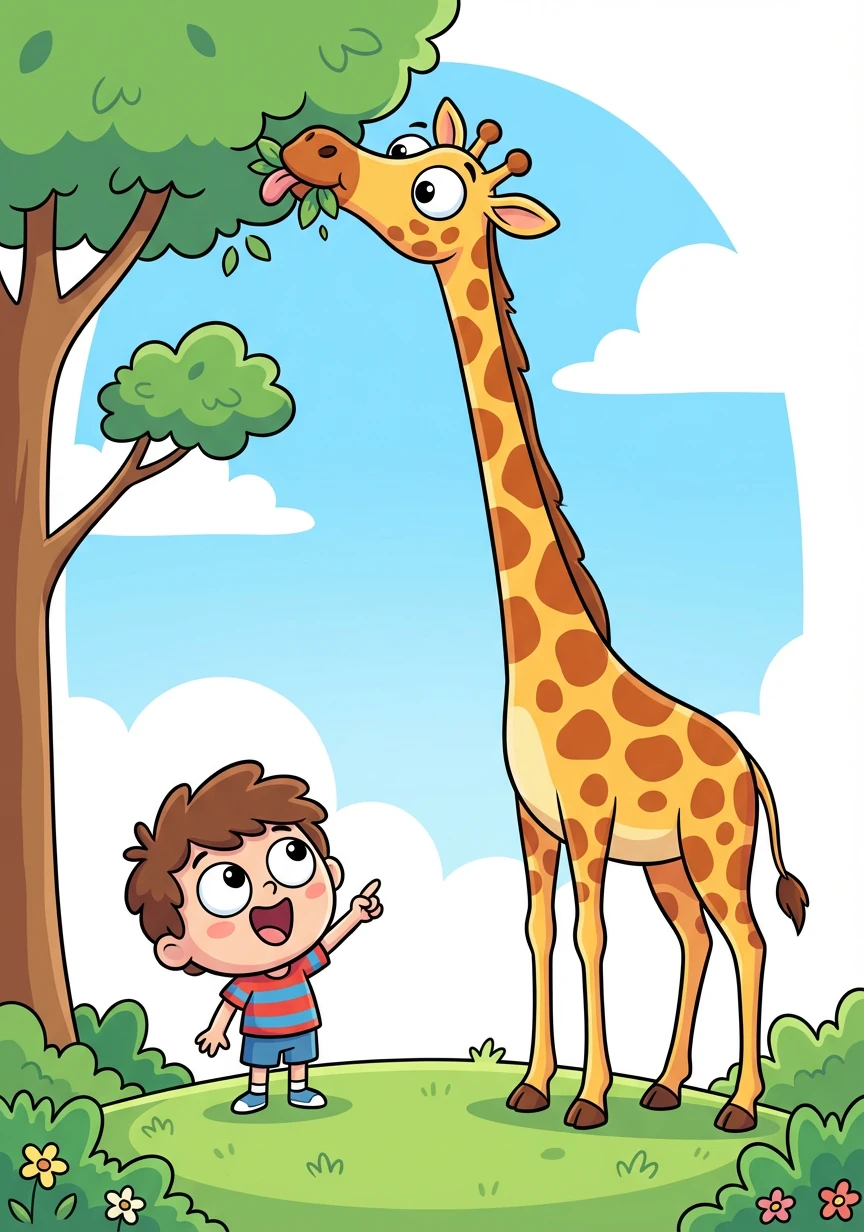 Alex watches a graceful giraffe munching on leaves from a tall tree. Its long neck stretches high into the sky.