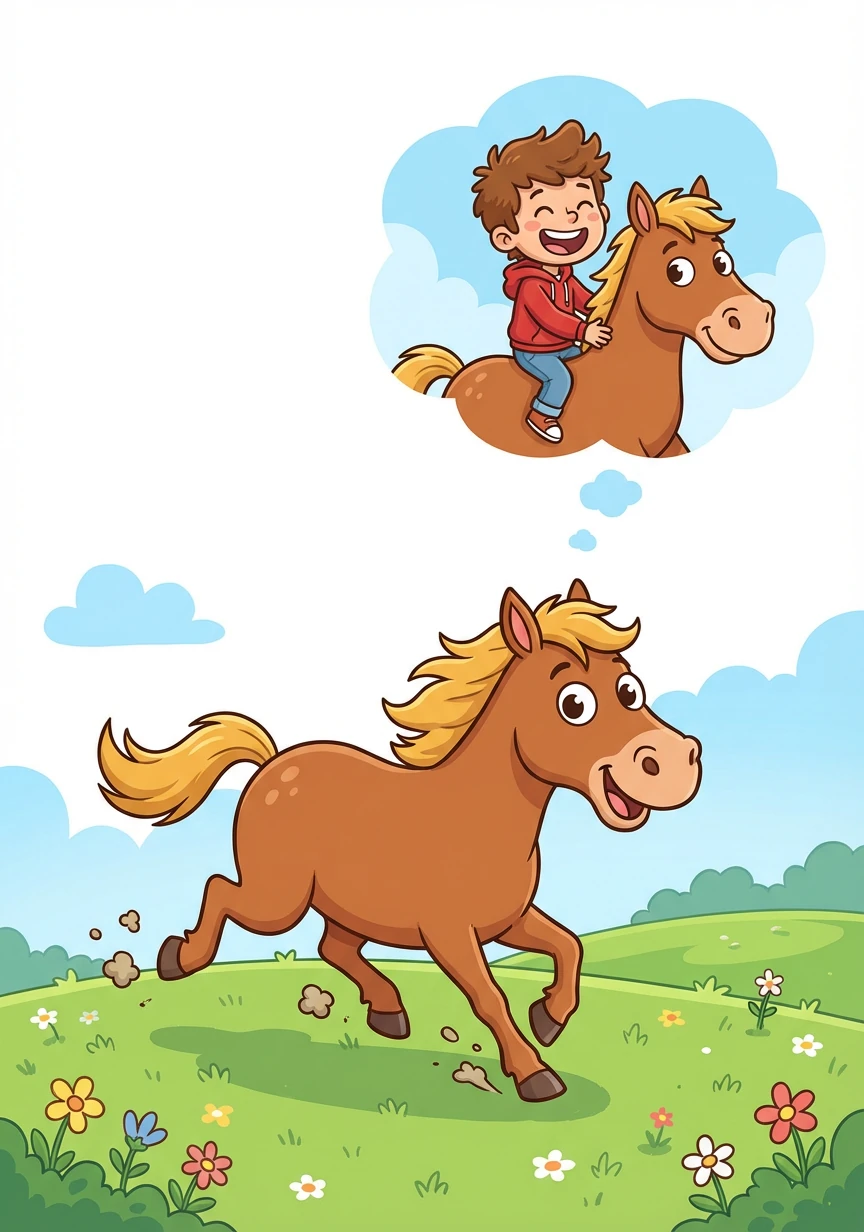 A happy horse gallops across a green field, its mane flowing in the wind. Alex dreams of riding the horse one day.