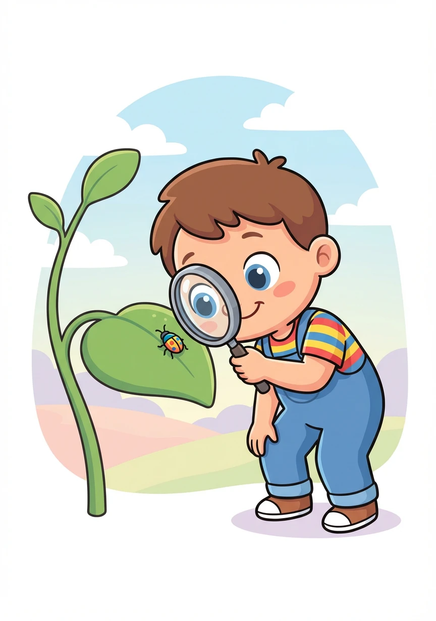 Alex spots a tiny insect crawling on a leaf. He examines it closely, marveling at its intricate details.