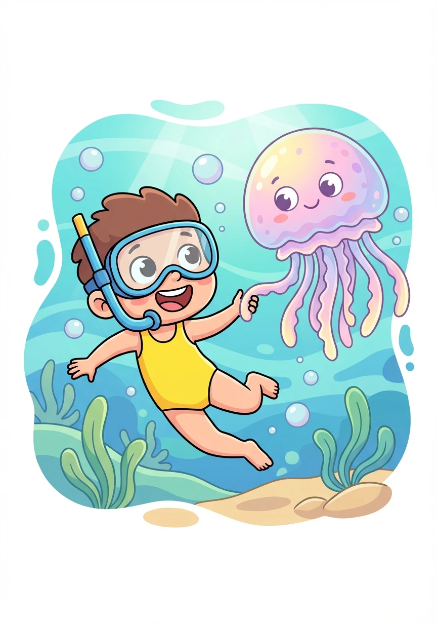 A joyful jellyfish floats gently in the ocean current. Alex imagines swimming alongside it.