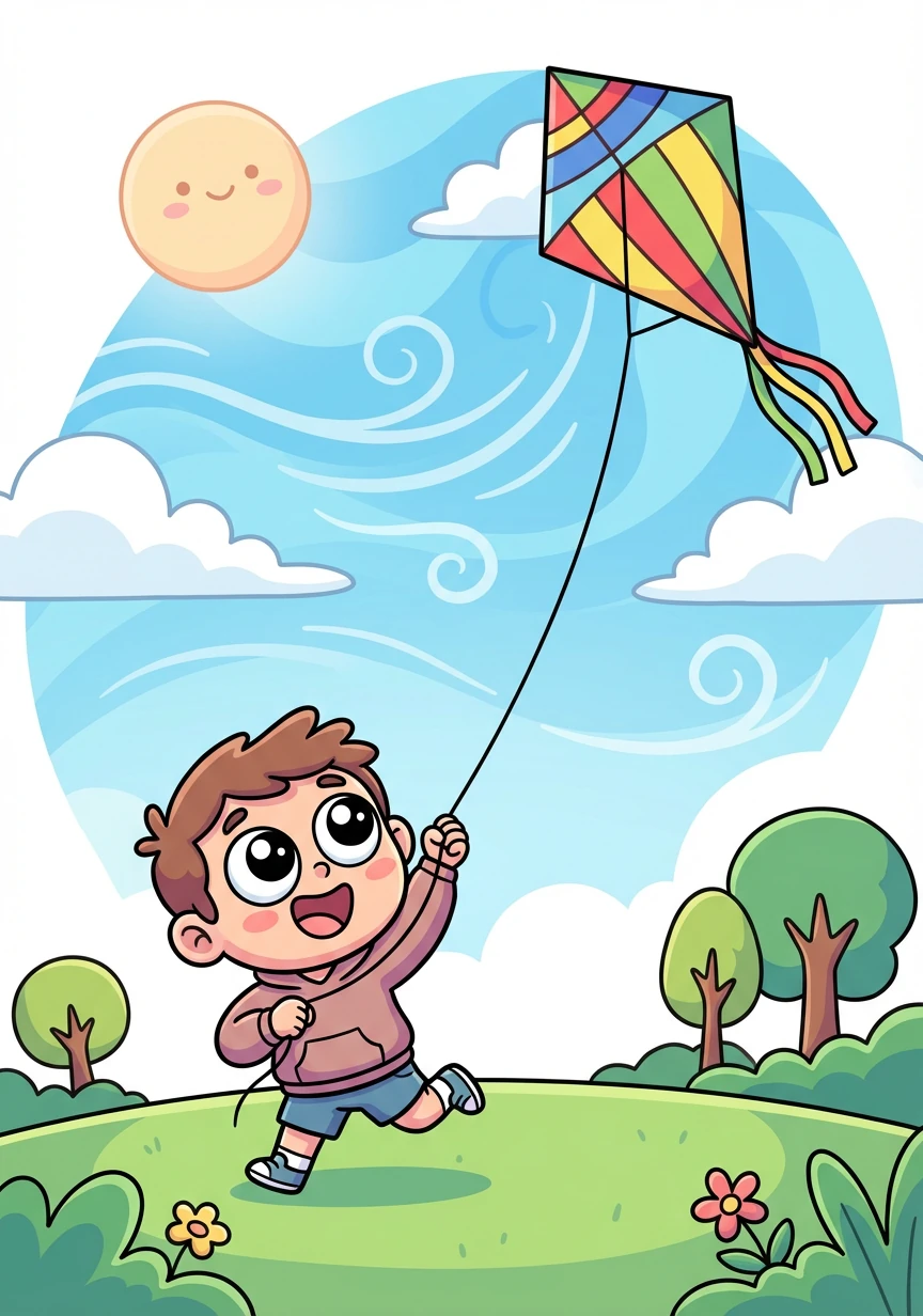 Alex holds a colorful kite high in the sky, the wind carrying it further and further away.