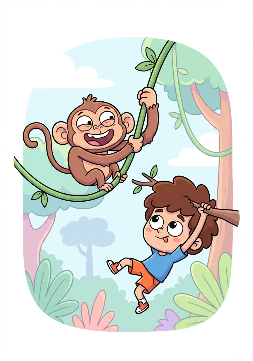 A mischievous monkey swings through the trees, chattering and laughing. Alex tries to imitate its playful movements.