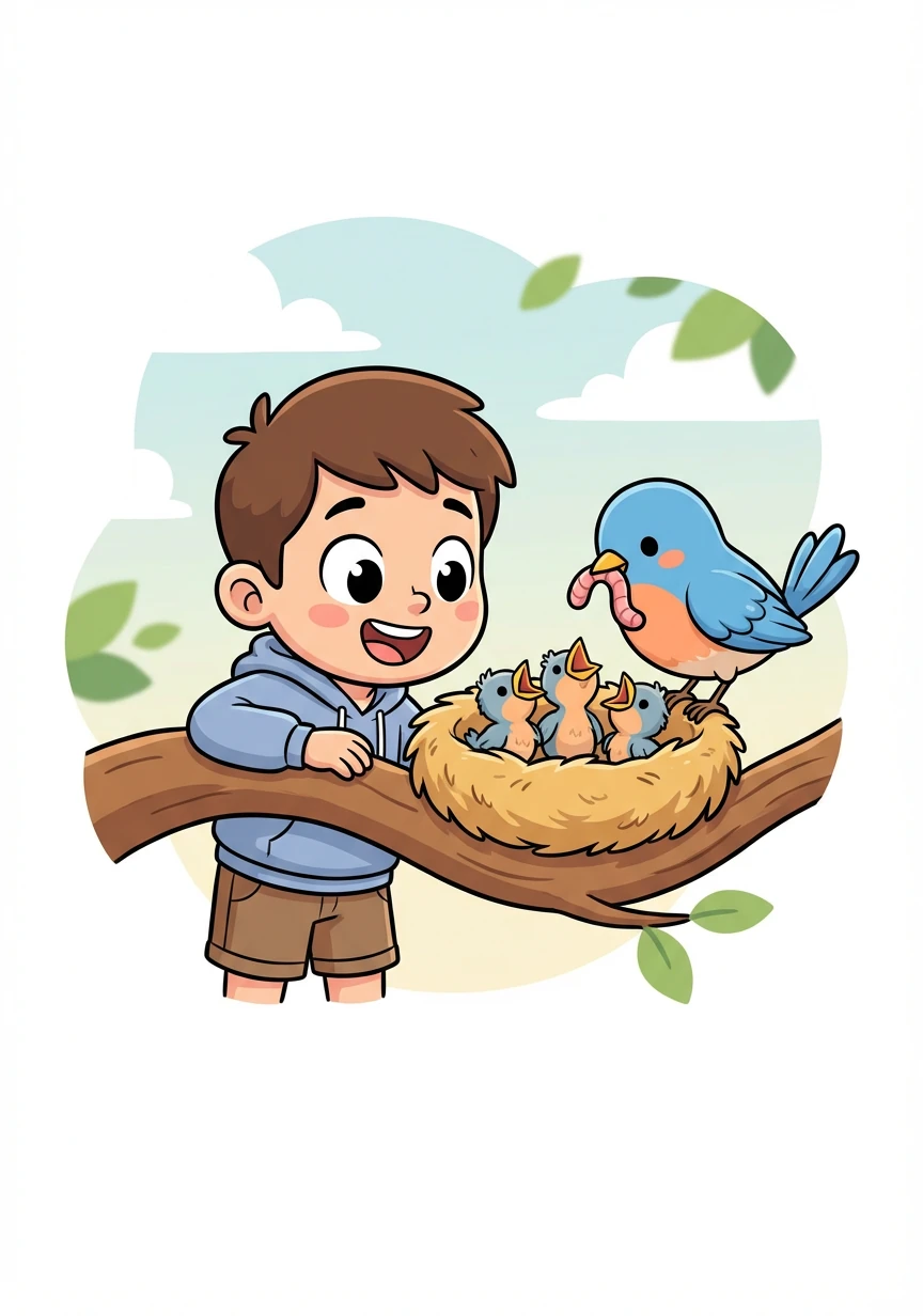 Alex observes a nest filled with baby birds, chirping loudly for their mother. He watches as the mother bird feeds them worms.