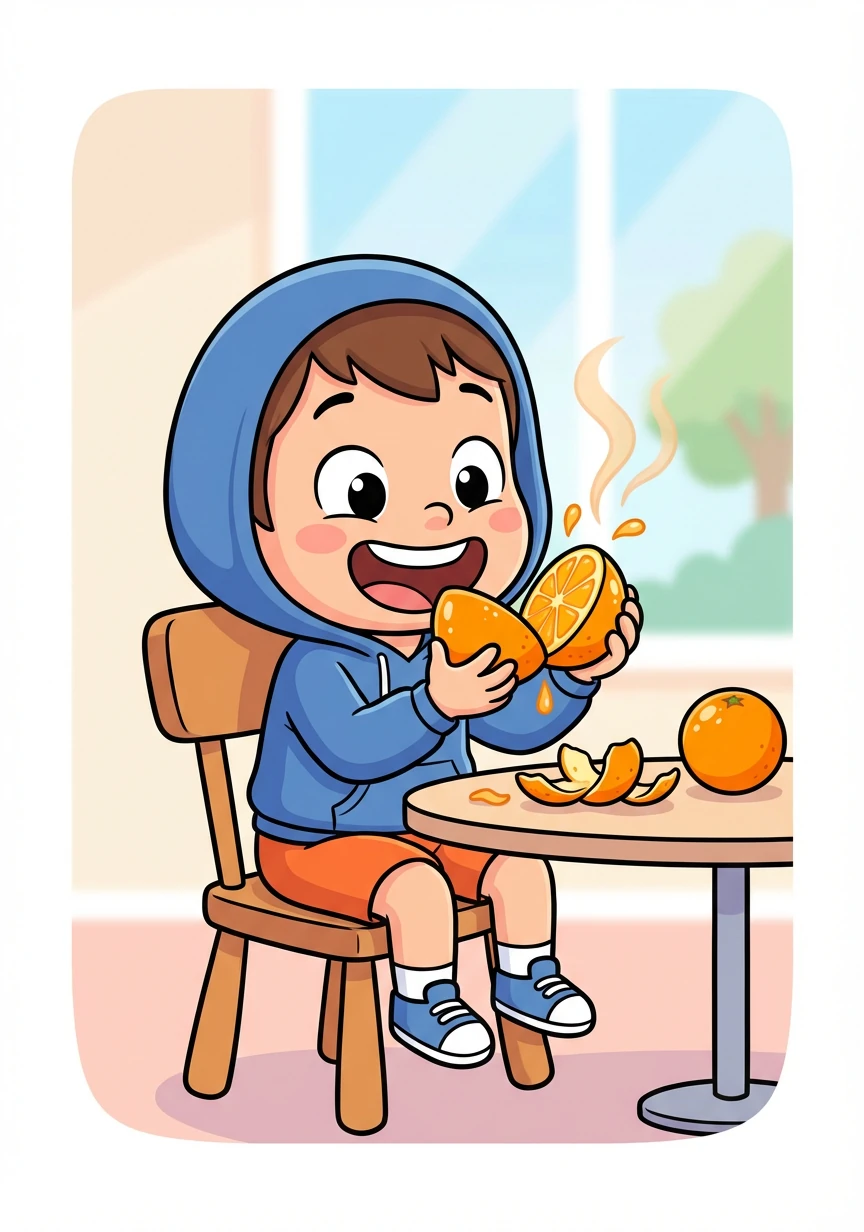 Alex opens a shiny new orange, its sweet scent filling the air. He takes a big bite, savoring the juicy flavor.