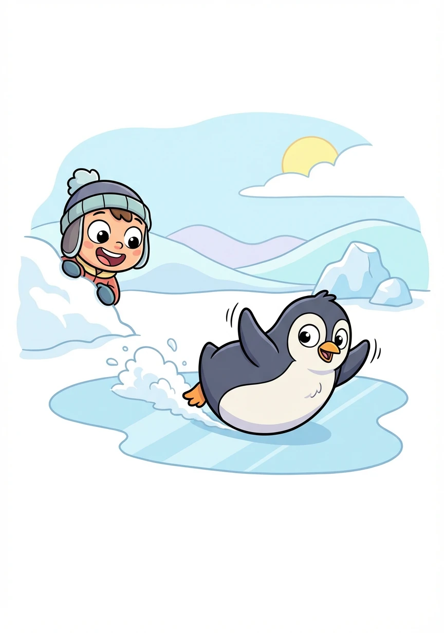Alex sees a fluffy penguin waddling across the ice. It slides on its belly, having fun in the snow.
