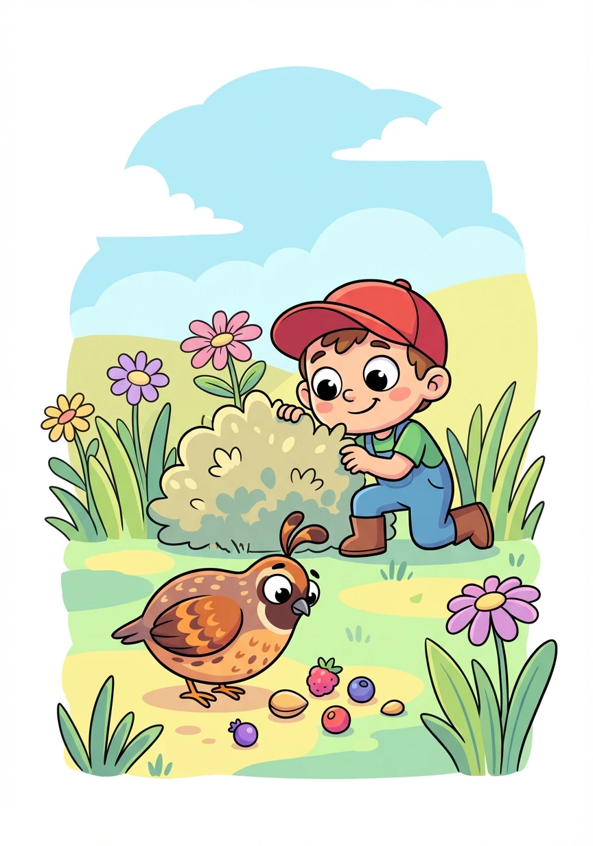 Alex watches a quiet quail searching for food in the grass. It pecks at seeds and berries, keeping a watchful eye.