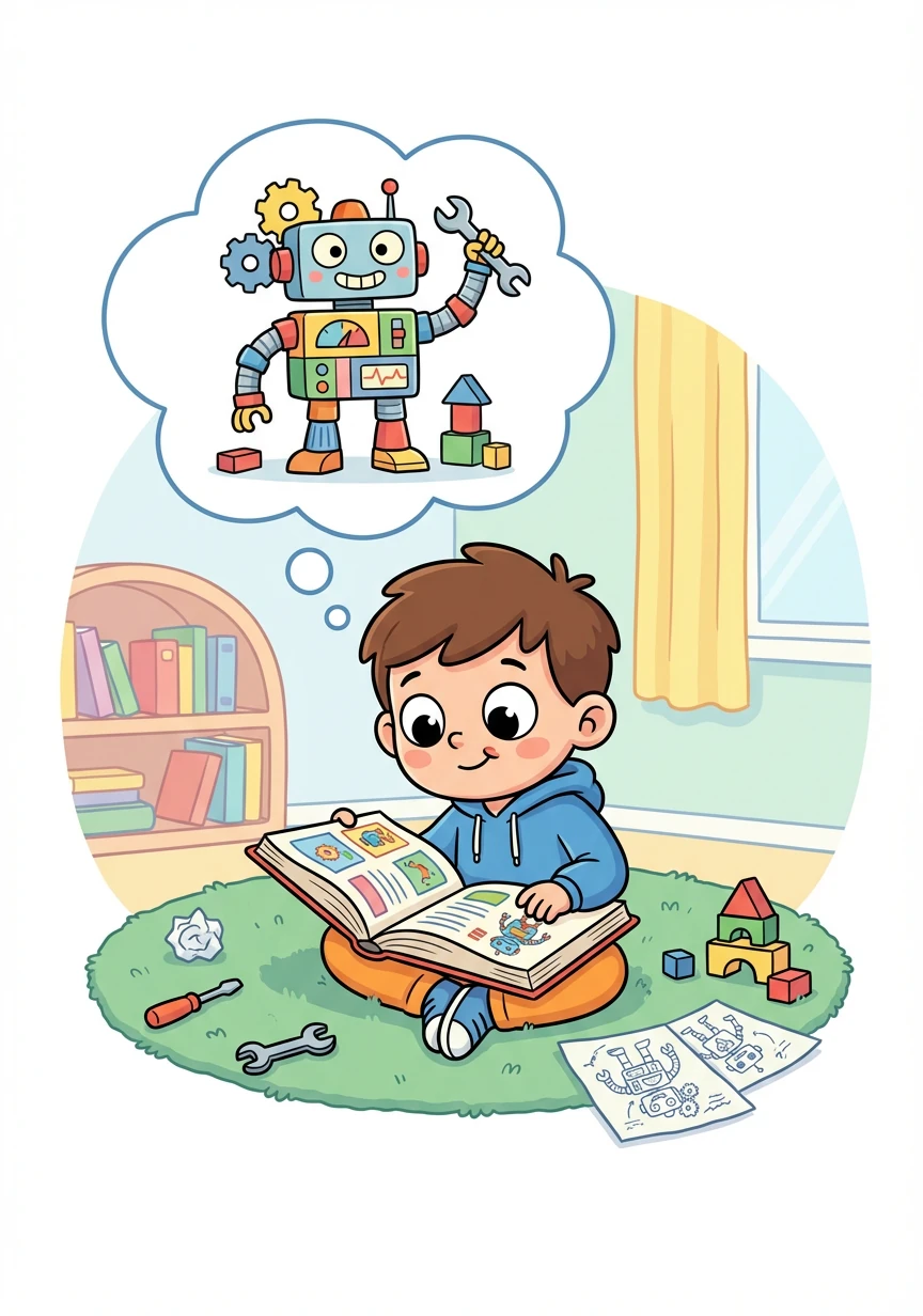 Alex reads a fascinating book about robots. He imagines building his own robot friend.