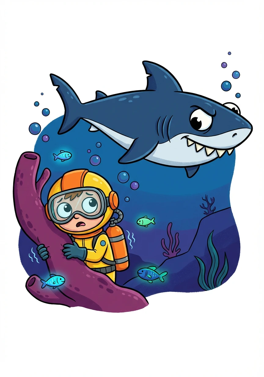 Alex sees a scary shark swimming deep in the ocean. He shivers, but remains curious about the creature.