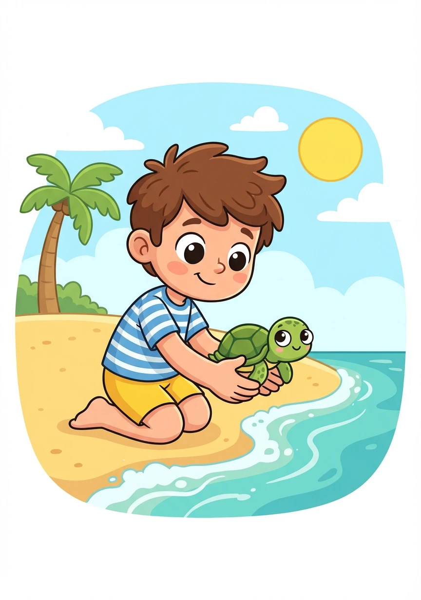 Alex finds a tiny turtle slowly making its way across the sand. He gently picks it up and helps it reach the water.