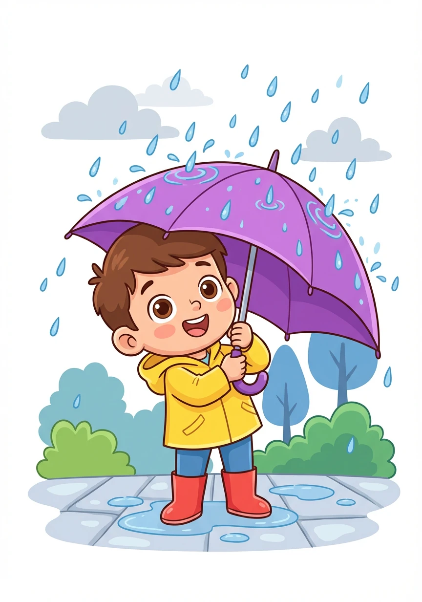 Alex holds a bright purple umbrella to protect himself from the rain. The raindrops patter softly on the fabric.