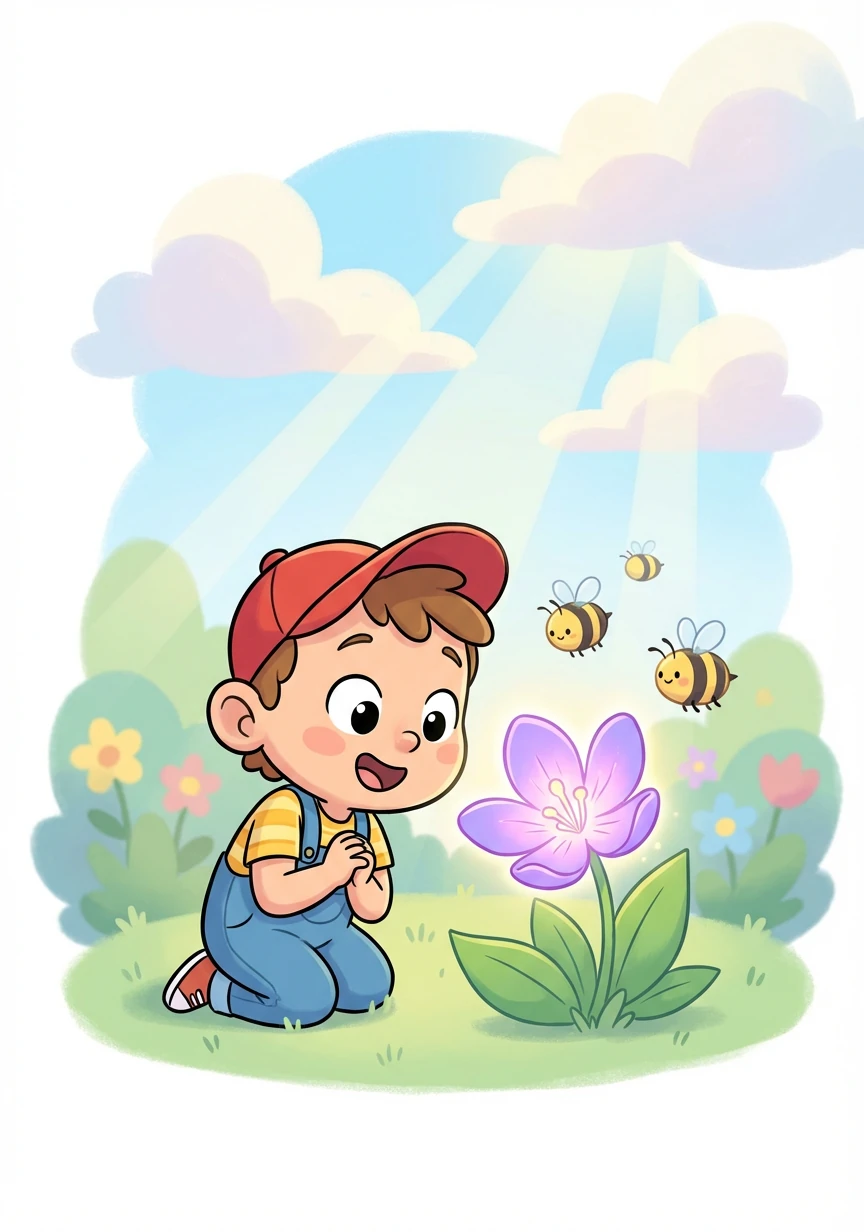 Alex admires a beautiful violet blooming in the garden. Its delicate petals glow in the sunlight.