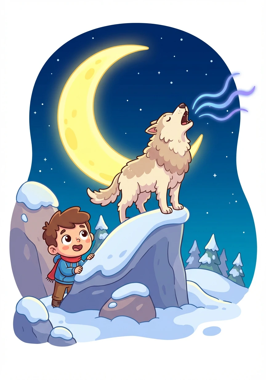 Alex sees a woolly wolf howling at the moon. Its mournful cry echoes through the night.