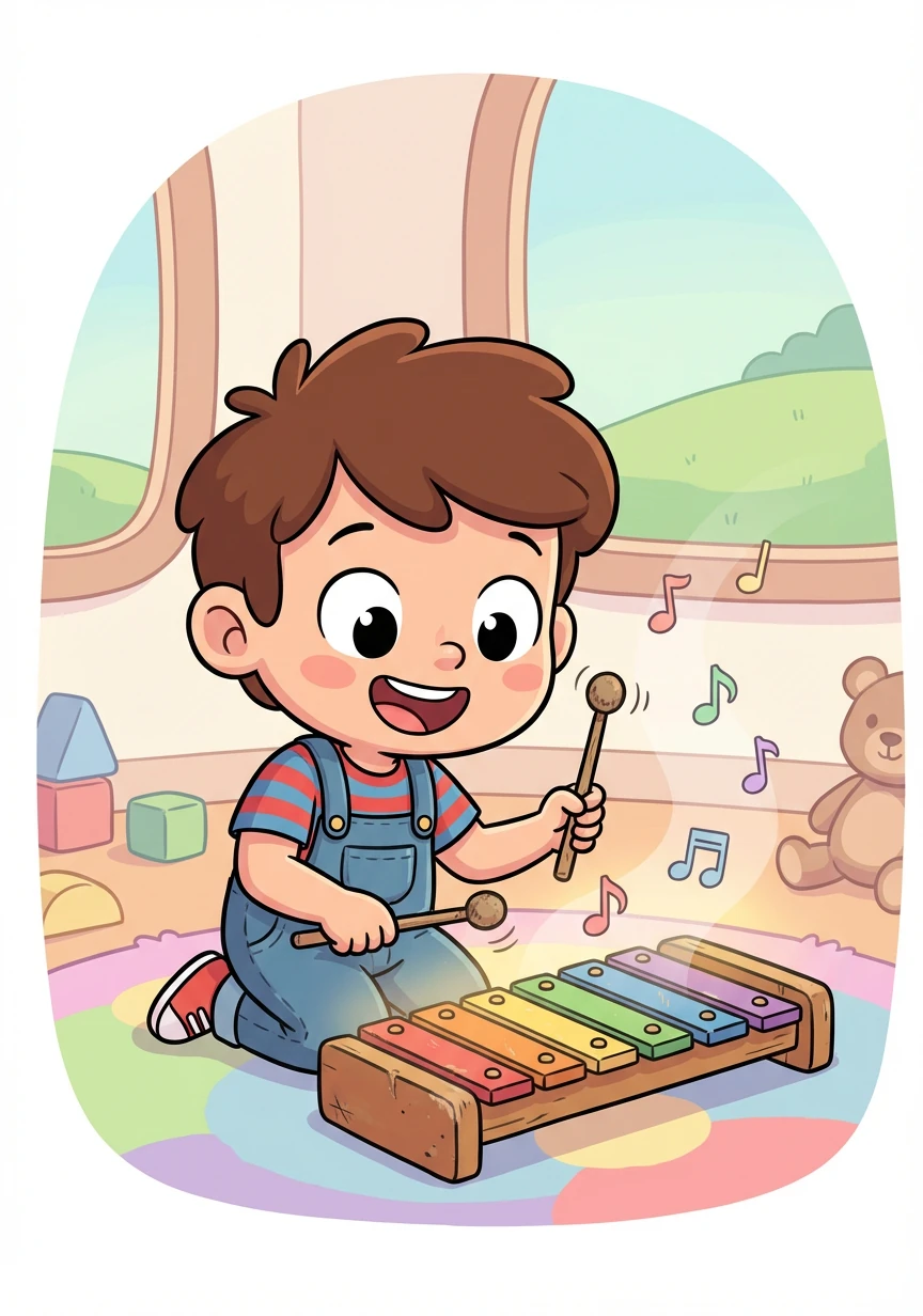Alex explores an old, wooden xylophone, making cheerful melodies. He loves the sound of the different notes.