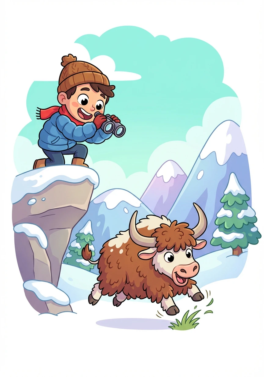Alex watches a playful yak grazing peacefully in the mountains. Its thick fur protects it from the cold.