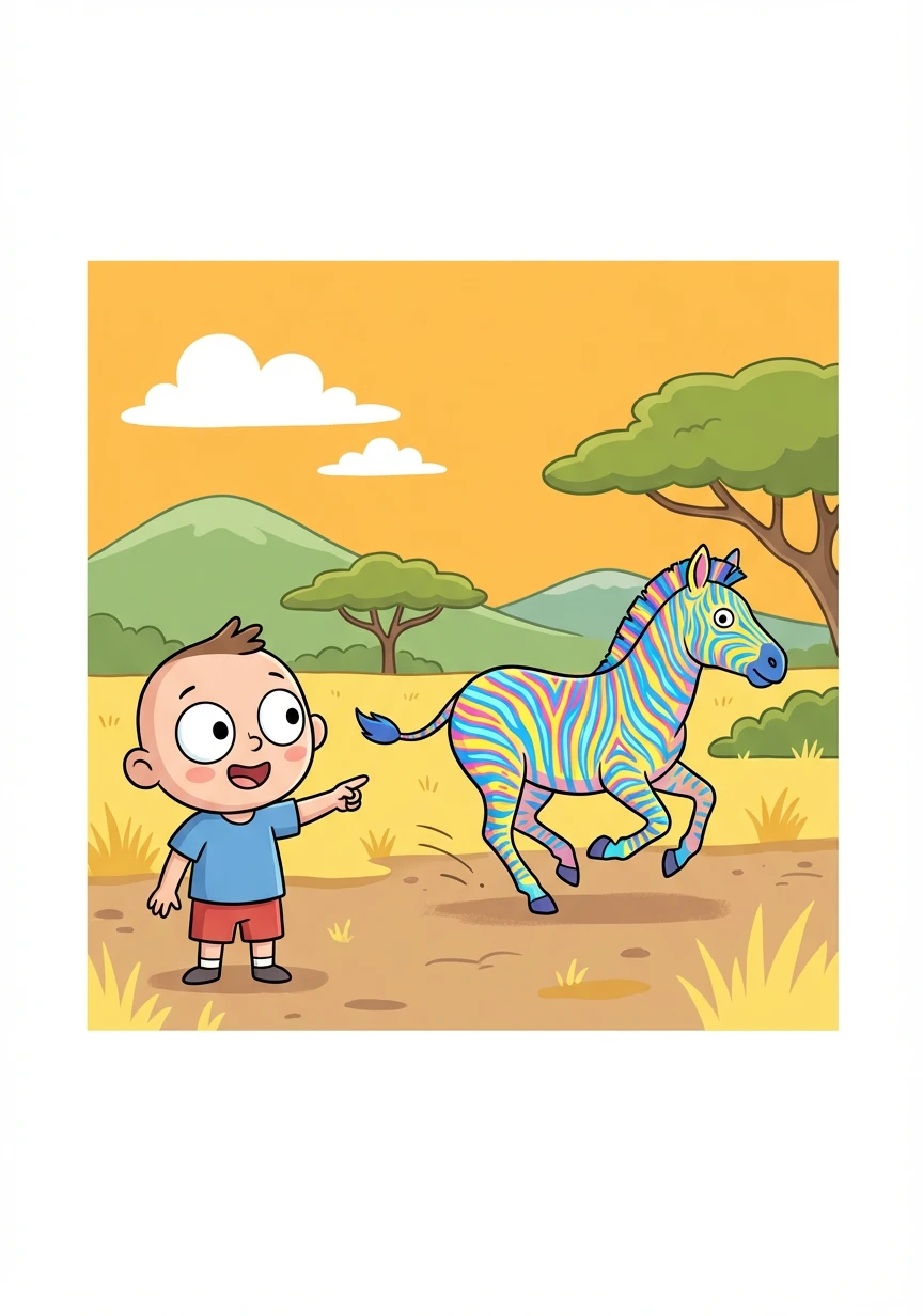 Alex sees a colorful zebra galloping across the savanna. Its black and white stripes create a dazzling pattern.