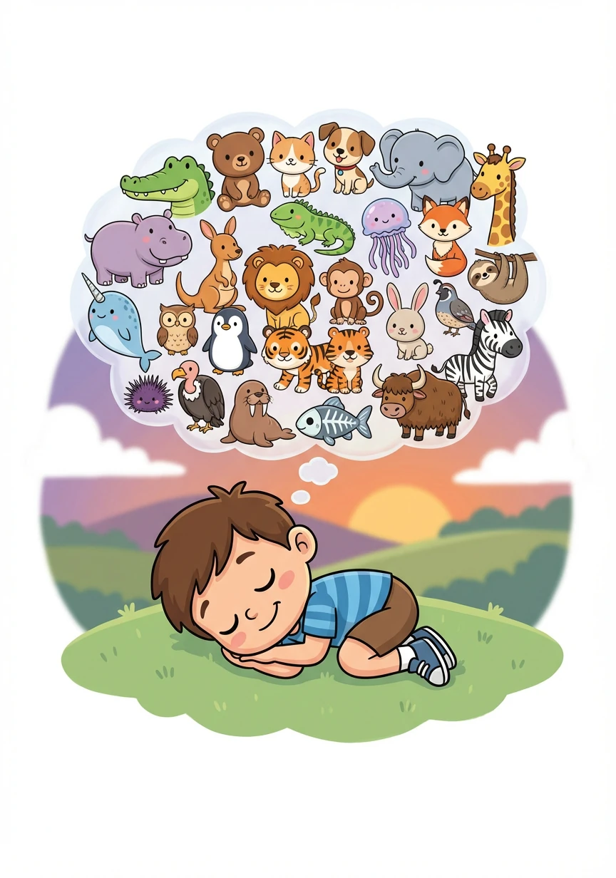 Alex closes his eyes, dreaming of all the amazing animals he has seen on his alphabet adventure.