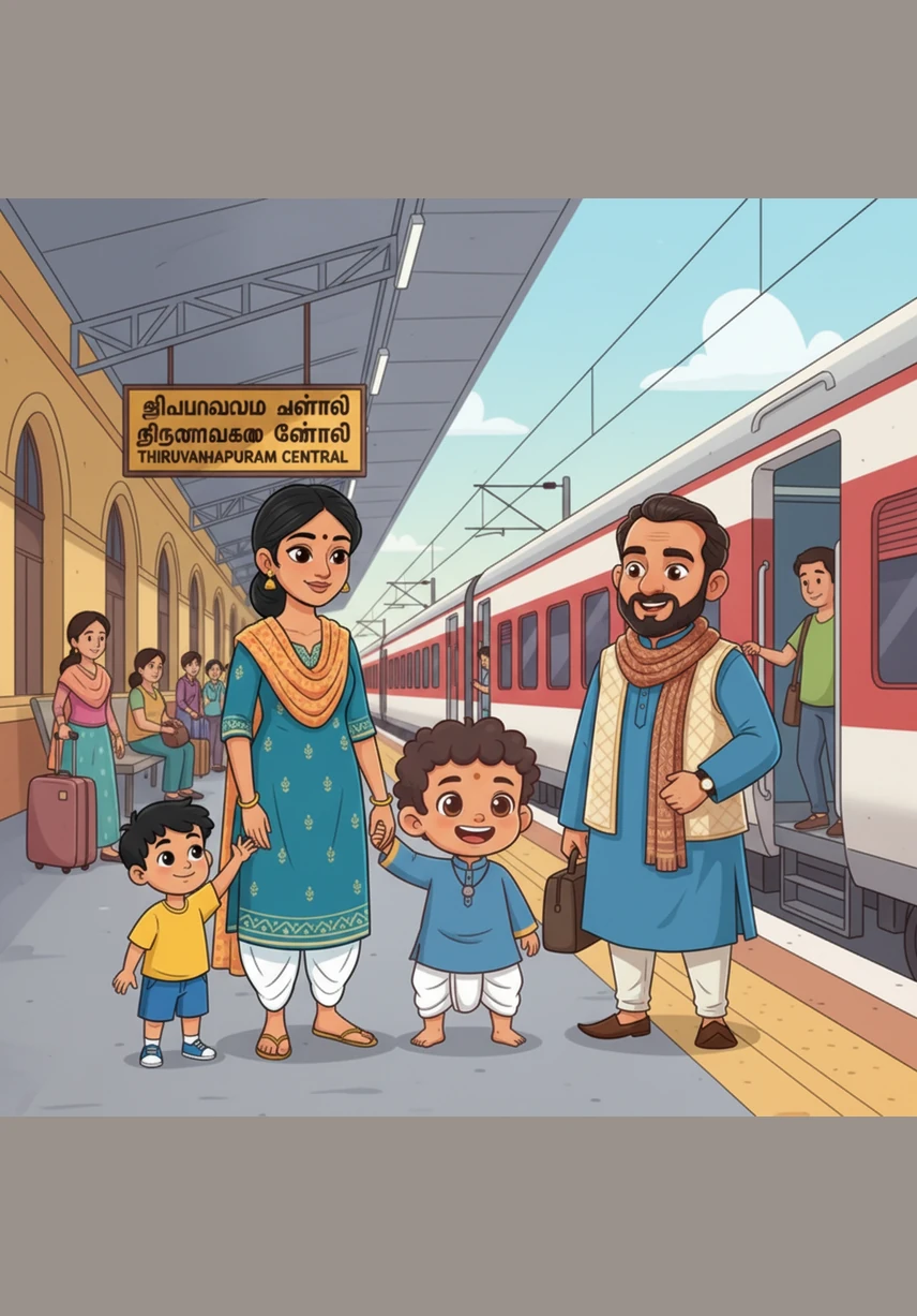 Ashreeth stands on the busy platform of Thiruvananthapuram station with Mom and Dada, his eyes wide with excitement as the big train pulls in. They find their seats and settle in, ready for a long and wonderful journey to their native place.